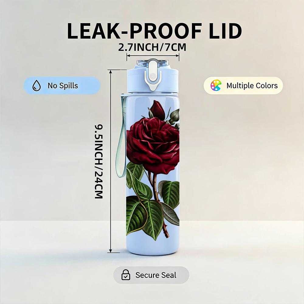 1PC Deep Red Watercolor Rose Graphic,750ml Color Plastic Sports Water Bottle,Leakproof Flip Straw Lid,Suitable for Sports Office Home Use