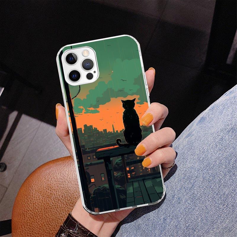 

Anime Cat Rain Animal Phone Case For iPhone 17 Air 16 Pro Max 16E 15 + 14 Plus 11 12 13 Mini 7 8 SE Gift Print Cover Fundas 17 A iPhone 17 Pro