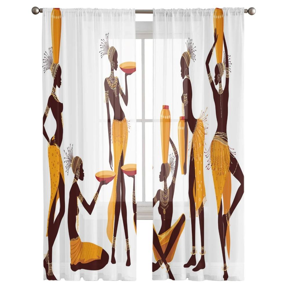 African Woman Yoga Vase Silhouette White Tulle Sheer Window Curtains for Living Room Bedroom Voile Organza Curtains Drapes