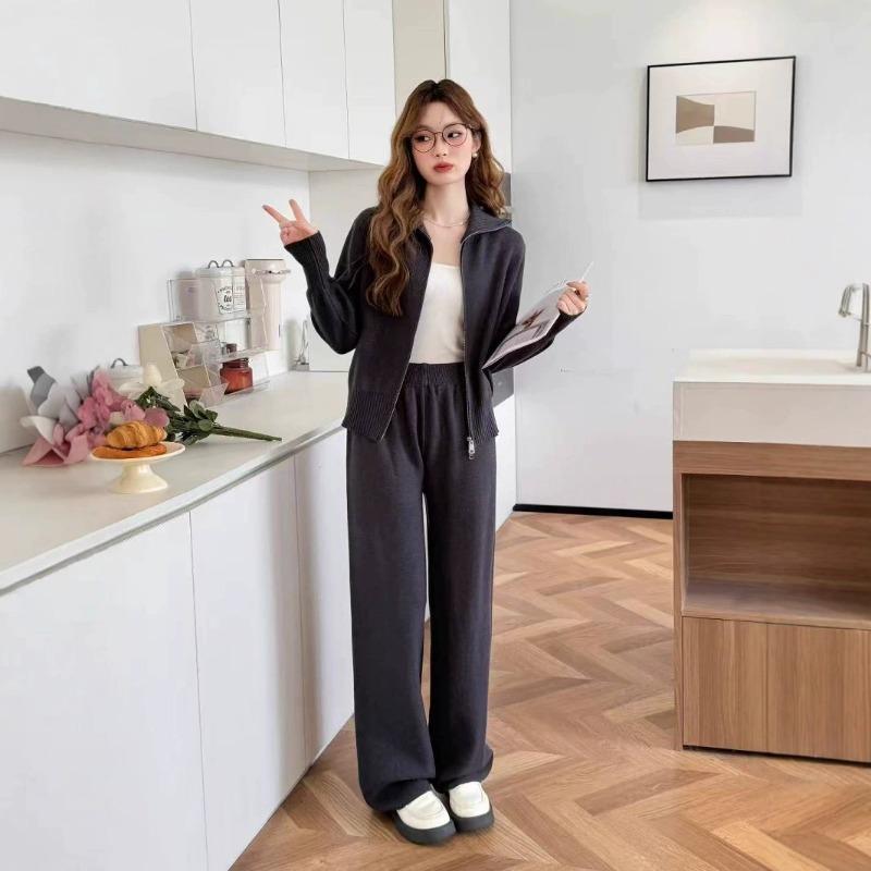 Damen Mode Langarm Doppelreißverschluss Pullover Cardigan Hose Sport Zweiteiler Lässiger Cardigan Anzug Damen