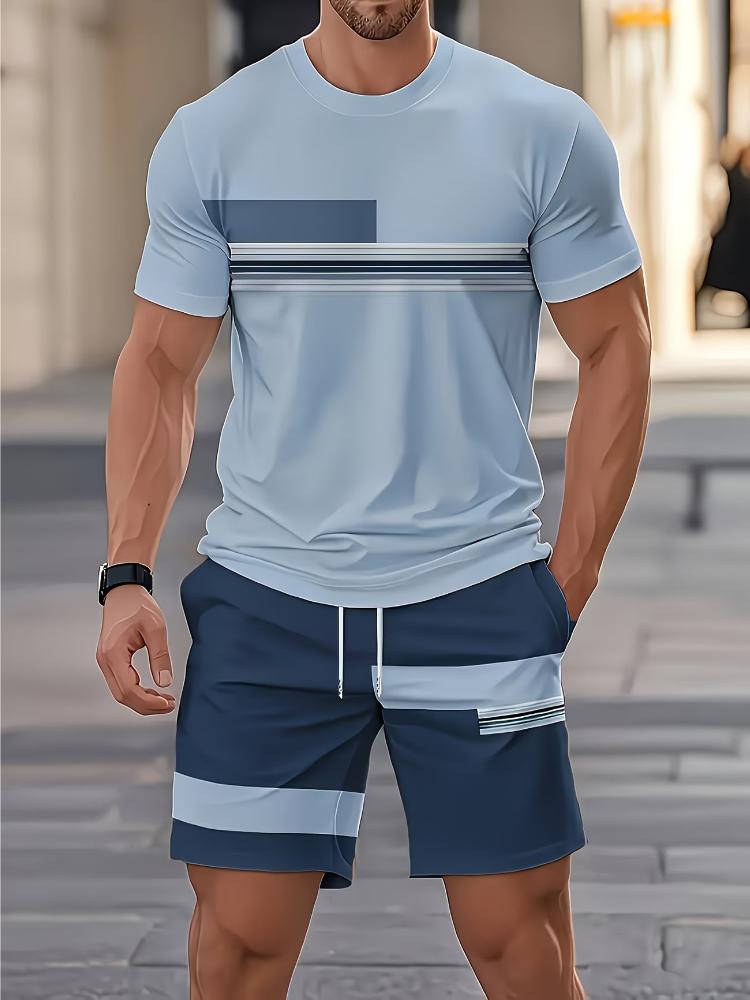 

Men s Outdoor Outfit Set, Summer Trendy Fashion Short-Sleeve Crew Neck Creative Quick-Dry T-Shirt Top + Shorts, 3D Digital Print Vintage Style Striped S синий