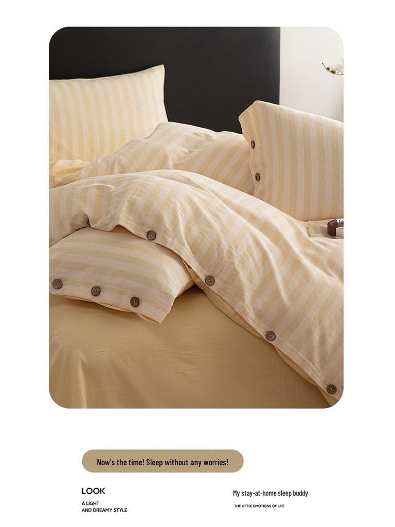 Spring/Summer Premium Cotton and Linen Four-piece Set with Buttoned Duvet Cover in Simple Stripes/Checks