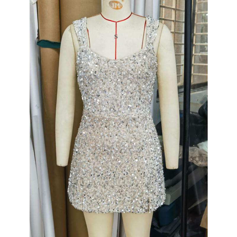 Pailletten Mini-Kleid Glitzernd Breiter Träger Quadratischer Ausschnitt Rückenfrei Bodycon Kurz Gewand Sexy Seitenschlitz Glitzer Ärmellos Geburtstagsparty Cocktail Club Kleid