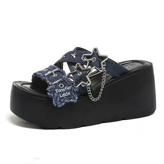 Fashion 9CM Punk Gothic Platform Canvas Shoes Open Toe Buckle Strappy Summer Sexy Rivets Thick Heels Footwear Gladiator Sandals Women