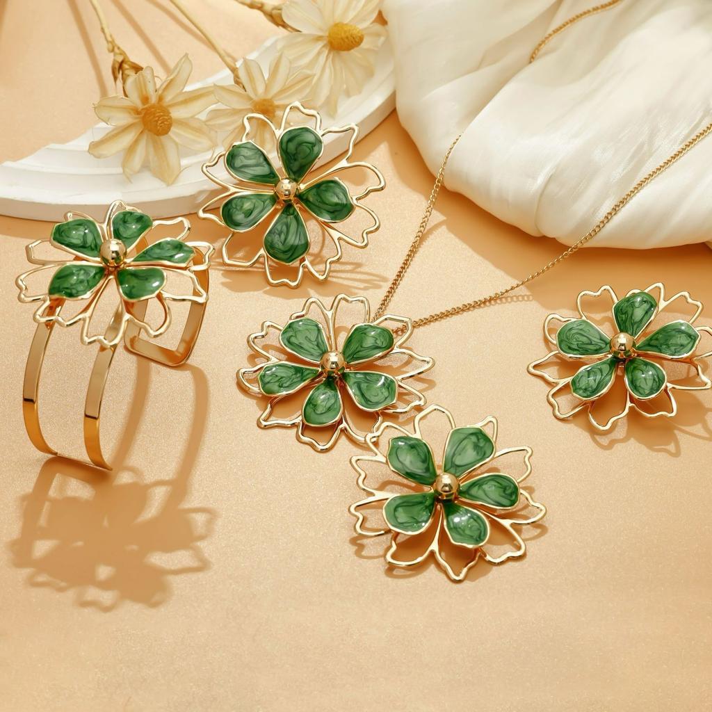 Hot-selling new dripping oil elegant and sweet lotus double-layer hollow three-dimensional flower ring bracelet stud earrings necklace