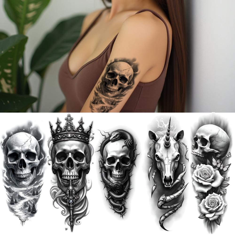 3pcs Temporary Tattoo Realistic Temporary Tattoos Skull With Moth Unicorn Skull With Snake Book And Skull For Women Adults