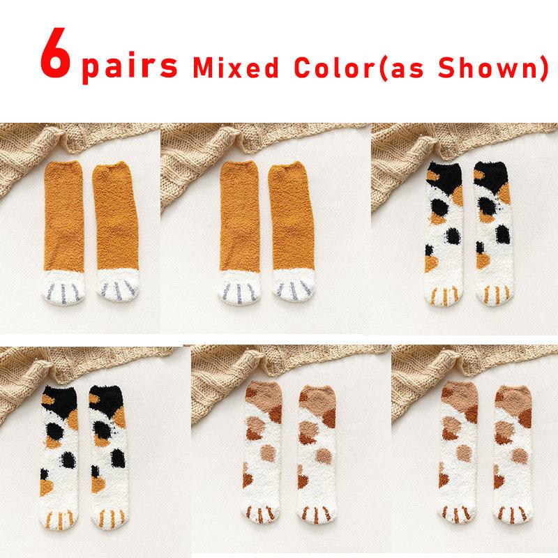 6 Pairs Woman Socks Set Cartoon Cute 3D Dog Cat Paw Pattern Winter Female Fleece Warm Home Floor Sleeping Thick Socks