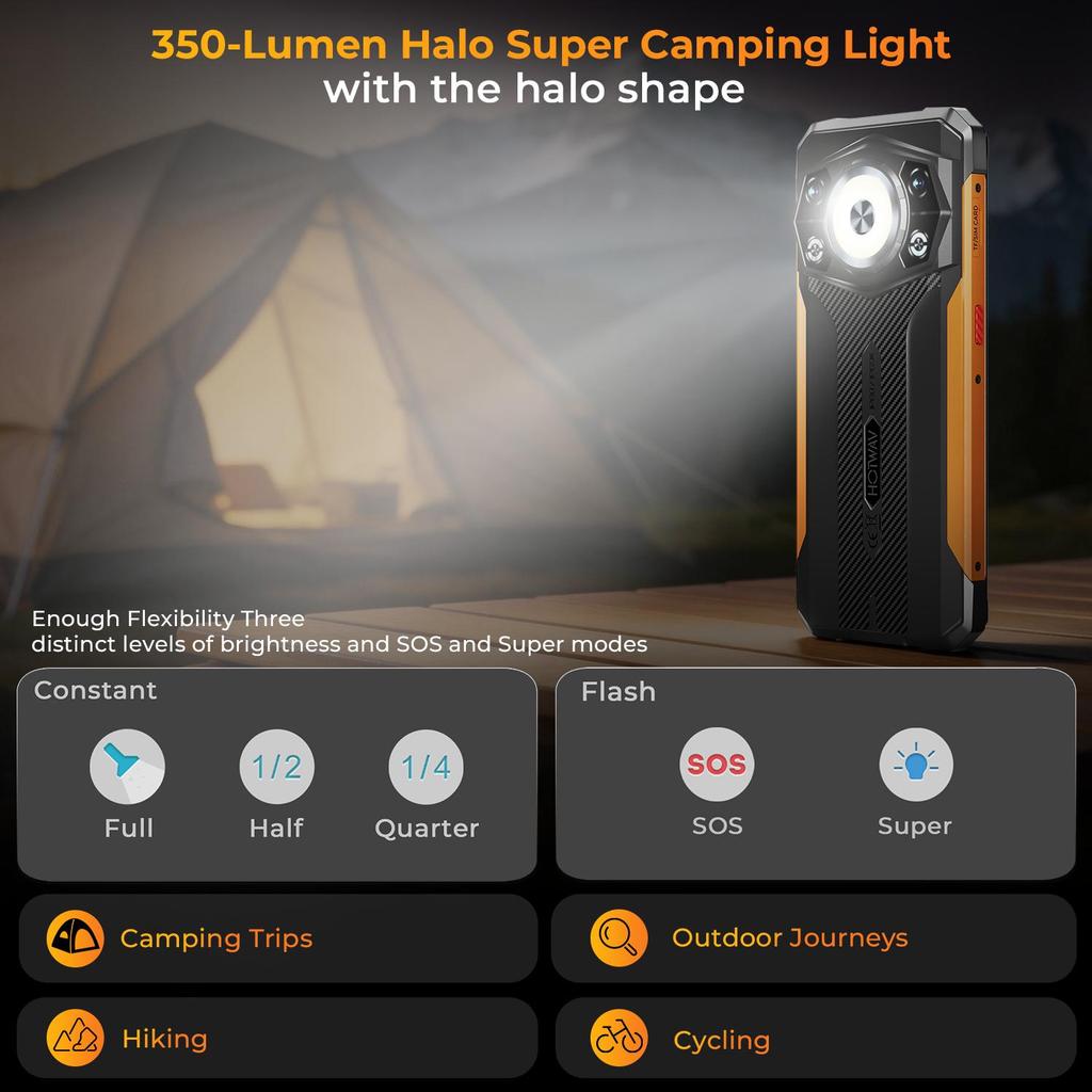 HOTWAV Cyber 17,Telefono Cellulare da Esterno,16GB(6+10)+128GB, Android 16, 6200mAh 20W, Fotocamera 48MP, Dual SIM 4G/NFC/OTG/Lanterna da Campeggio Super Luminosa