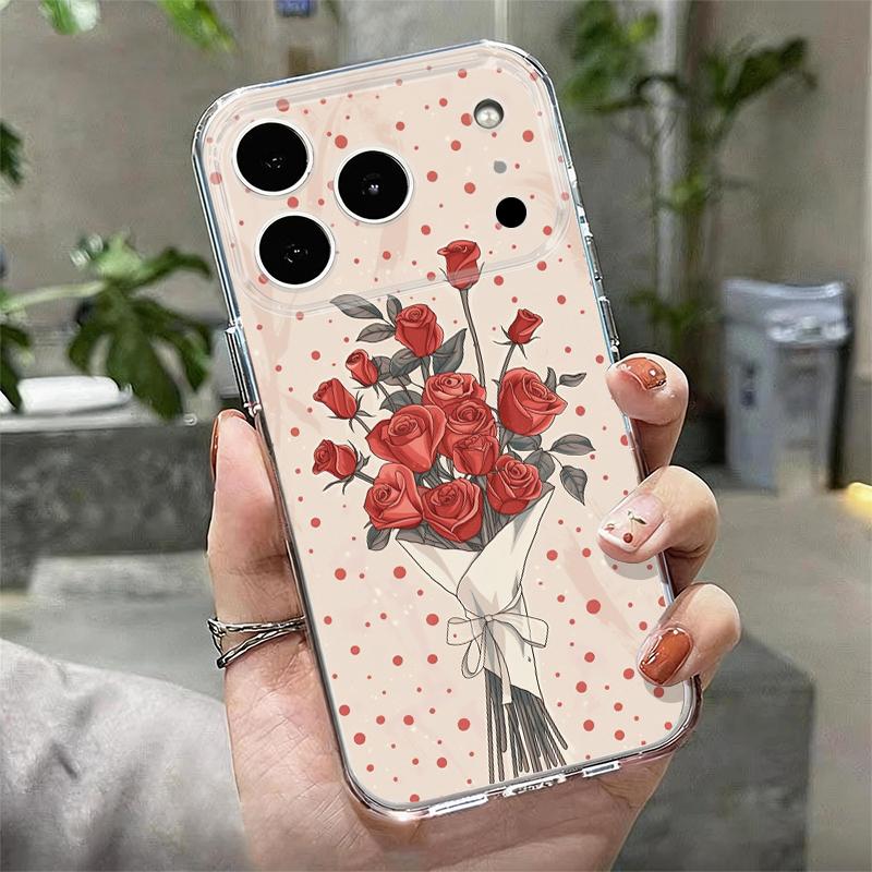 Scarlet Red Rose Flower Pattern Case For iPhone 17 Pro Max Coque iPhone 16 15 14 13 Pro Max 11 Clear TPU Silicone Soft Cover