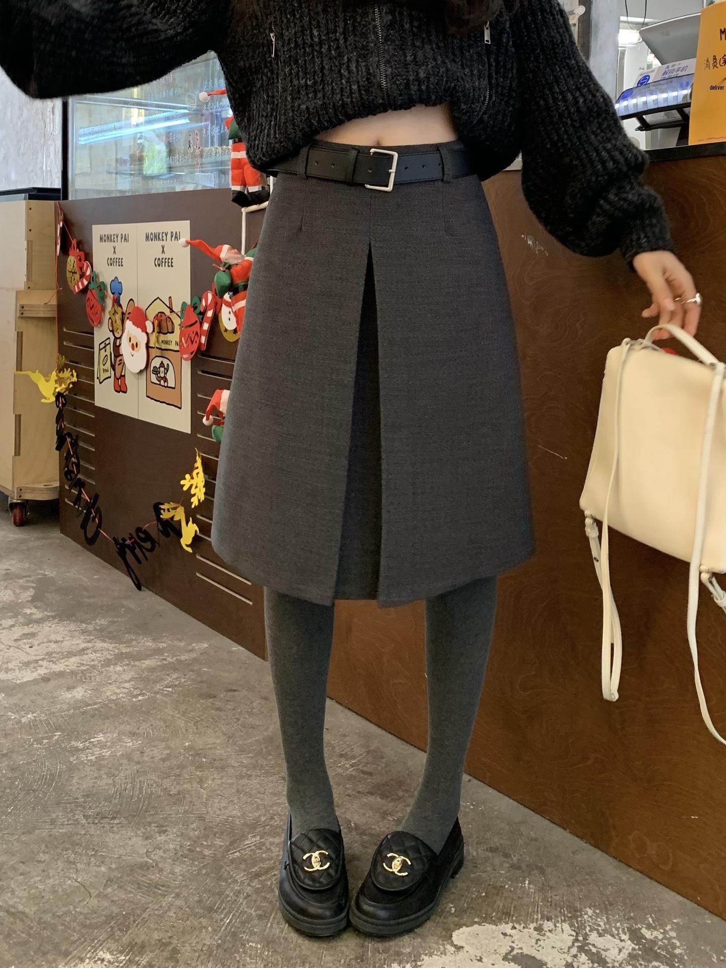 2025 Autumn/Winter Korean High-Waisted Wool A-Line Midi Skirt for Women Small серый