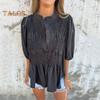 Camicia da donna abbottonata estiva a maniche corte a sbuffo con scollo a O, top casual a vestibilità ampia con pieghe per l'uso quotidiano, le vacanze