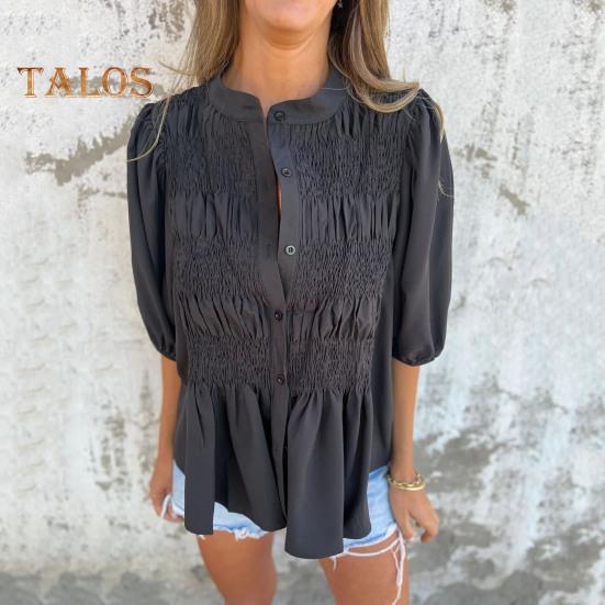Camicia da donna abbottonata estiva a maniche corte a sbuffo con scollo a O, top casual a vestibilità ampia con pieghe per l'uso quotidiano, le vacanze