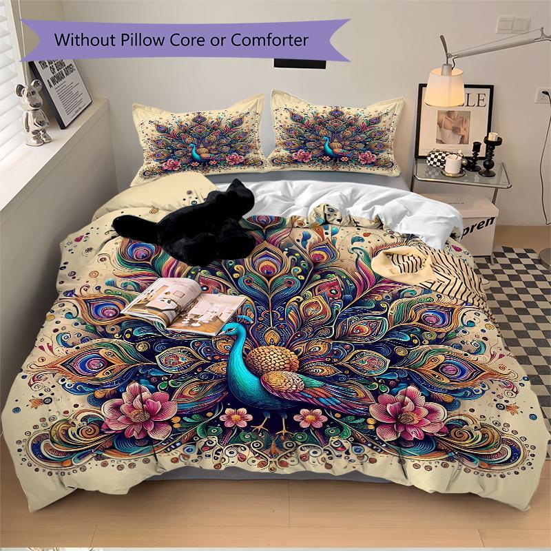 3pcs Nature's Beauty Peacock Quilt Cover Set - Soft and Cozy Bedroom, Guest Room and Dorm Decorative Bedding 3-Piece Set 1 Quilt Cover + 2 Pillow