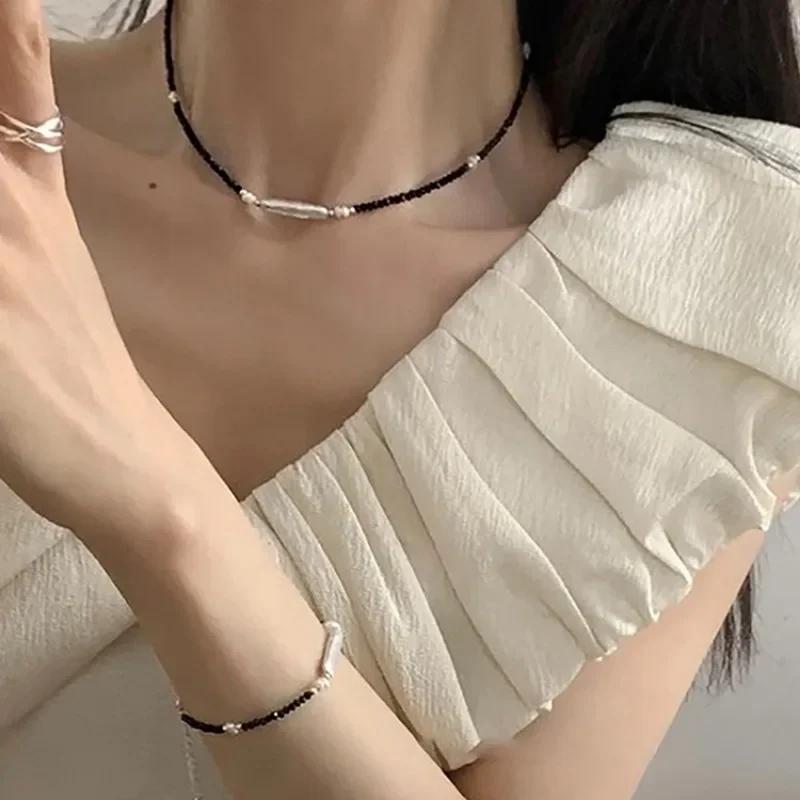 Irregular Faux Pearl Black Crystal Natural Stone Beaded Choker Necklace For Women Daily Wear Jewelry