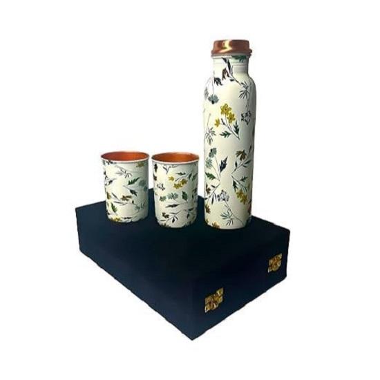 Copper Water Bottle 1 Ltr | Copper Water Bottle with Glass Set | Meena Work | 100% Pure | Leak-Proof | 2 Water Glass 300ml each