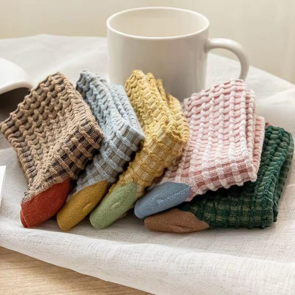 5 Pairs Knit Pattern Crew Socks Mid Calf Comfortable Daily Socks Cotton Socks Daily Casual