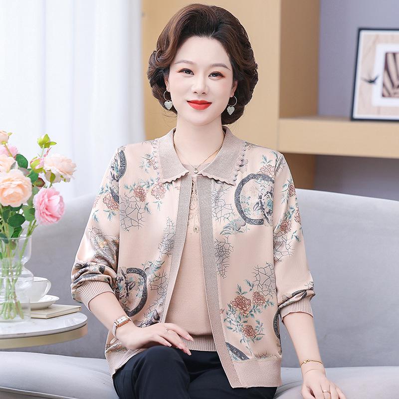 

Stylish Two-Piece Set for Middle-Aged Women: Long-Sleeve Knitted Jacket & Thin Top for Spring and Autumn XL (100-110 lbs) хаки
