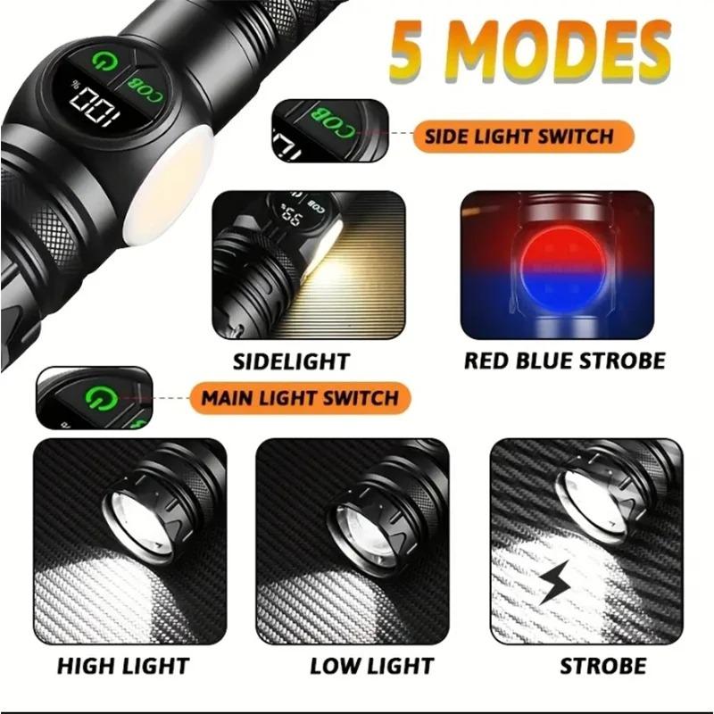 LED Flashlight 5 Lighting Modes COB Red Side Light with Magnet USB Rechargeable Torch Light Built In Battery for Hiking