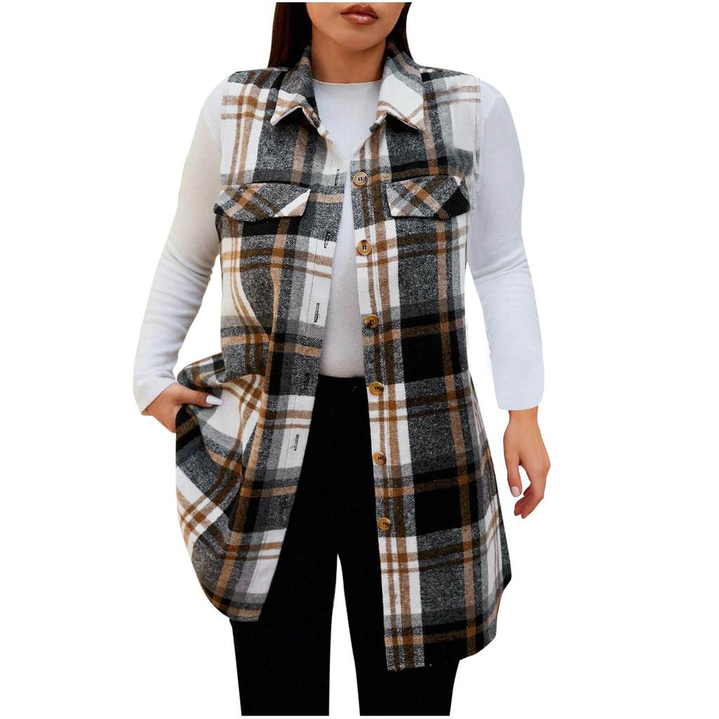 Women's Fashion Plus Size Brushed Plaid Collar Mid-Length Sleeveless Vest Jacket