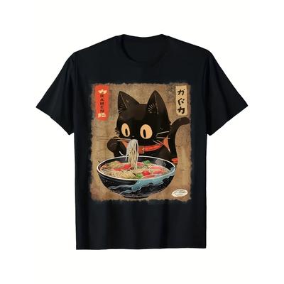 Czarny Kot Jedzący Ramen Graficzny T-shirt Kawaii Japoński Styl Anime Okrągły Dekolt T-shirt dla Mężczyzn