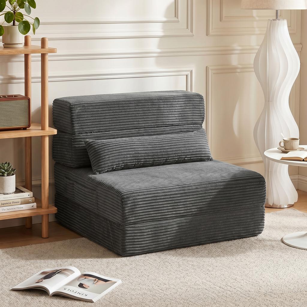 Floor Chair with Back Support, Corduroy Boneless Cloud Foldable Sleeper Sofa with Thick Padding, Dark Grey