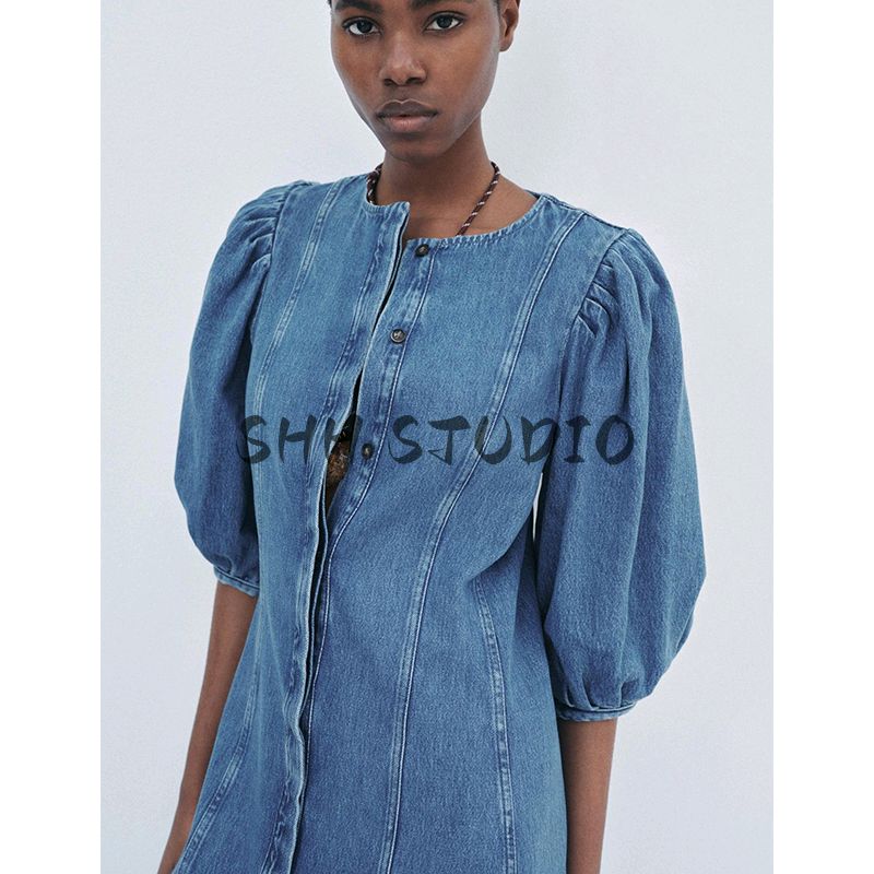 Spring and Summer New Women's Clothing Thread Decoration round Neck Puff Sleeves Washing Effect Denim Dress 5216060