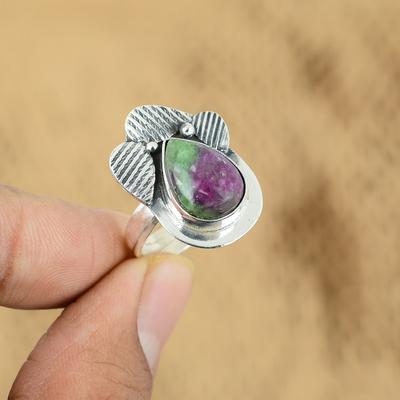 Sterling Silver Ruby Zoisite Stone Wedding Stackable Art Deco Anniversary Ring