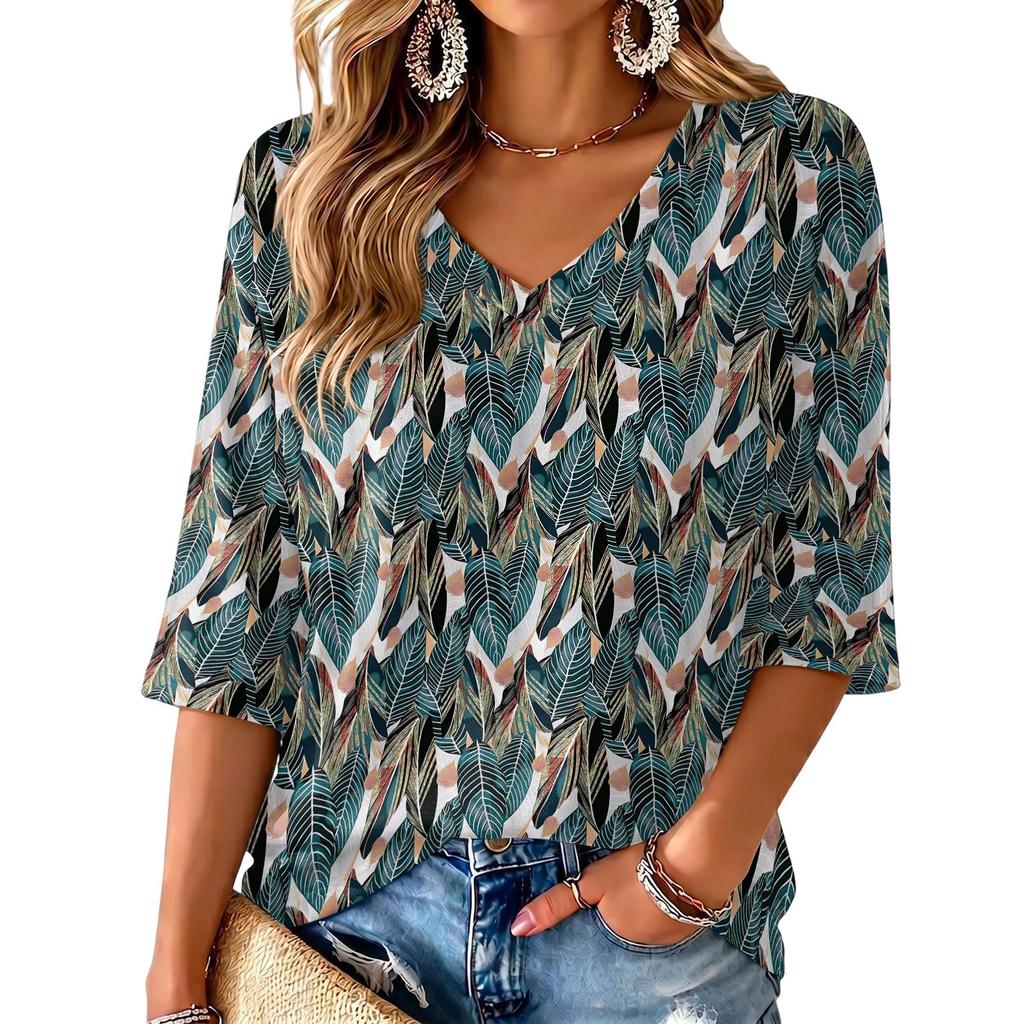 Women's V-Neck Print Lightweight Blouse for Spring and Summer