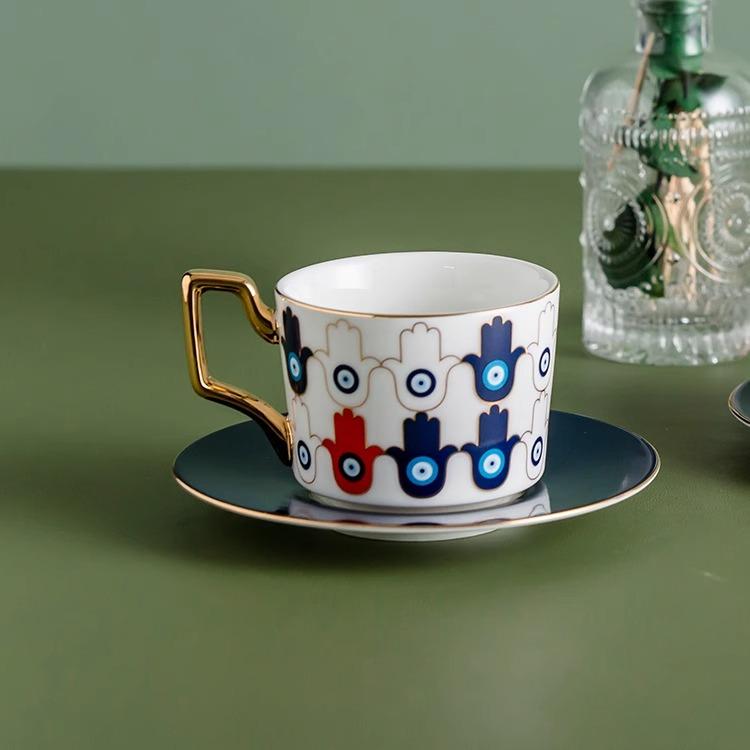 Juego de Taza de Café y Té de Cerámica con Platillo, Moda Europea Azul Ojo Maligno, 250ml, para Té de la Tarde en Casa
