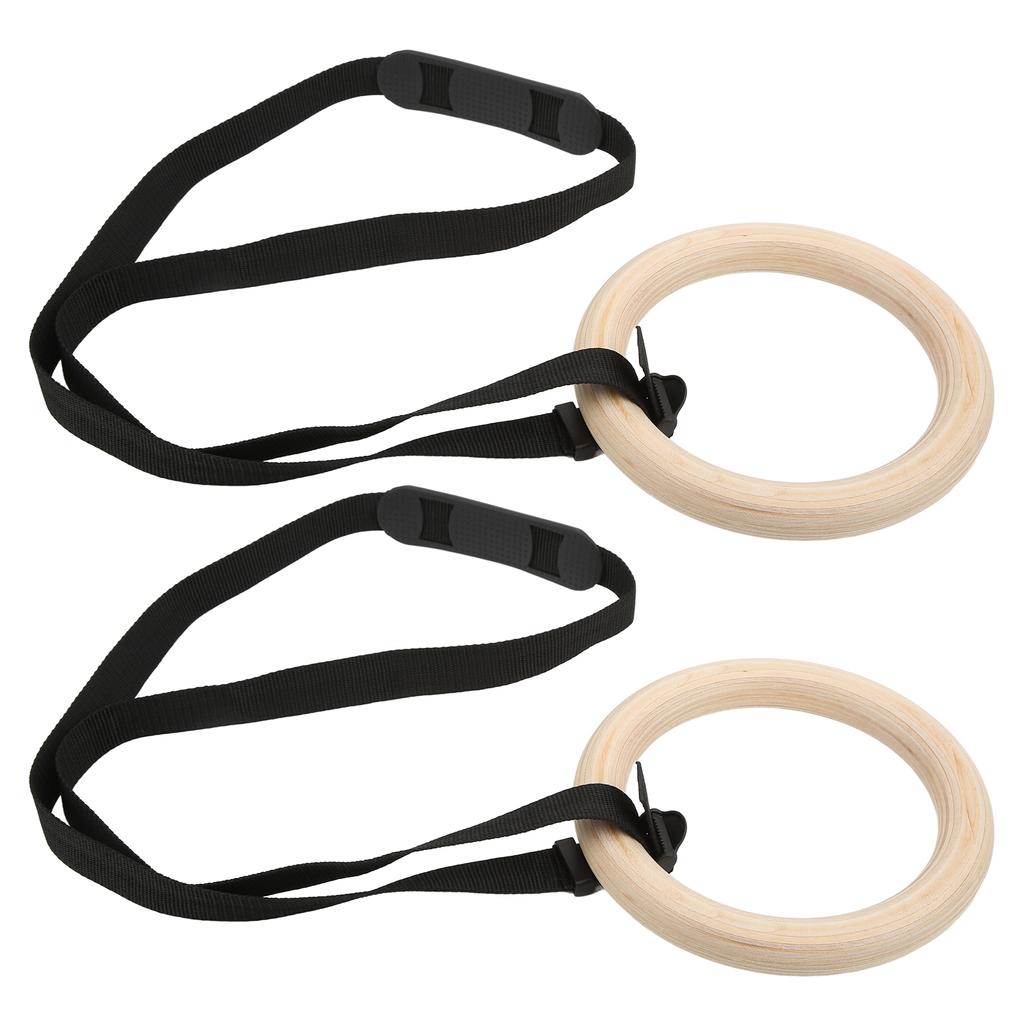 1 Pair Wooden Gymnastic Rings with Adjustable Buckle Straps 330lbs Capacity Pull Up Exercise Rings for Home Gym Workout