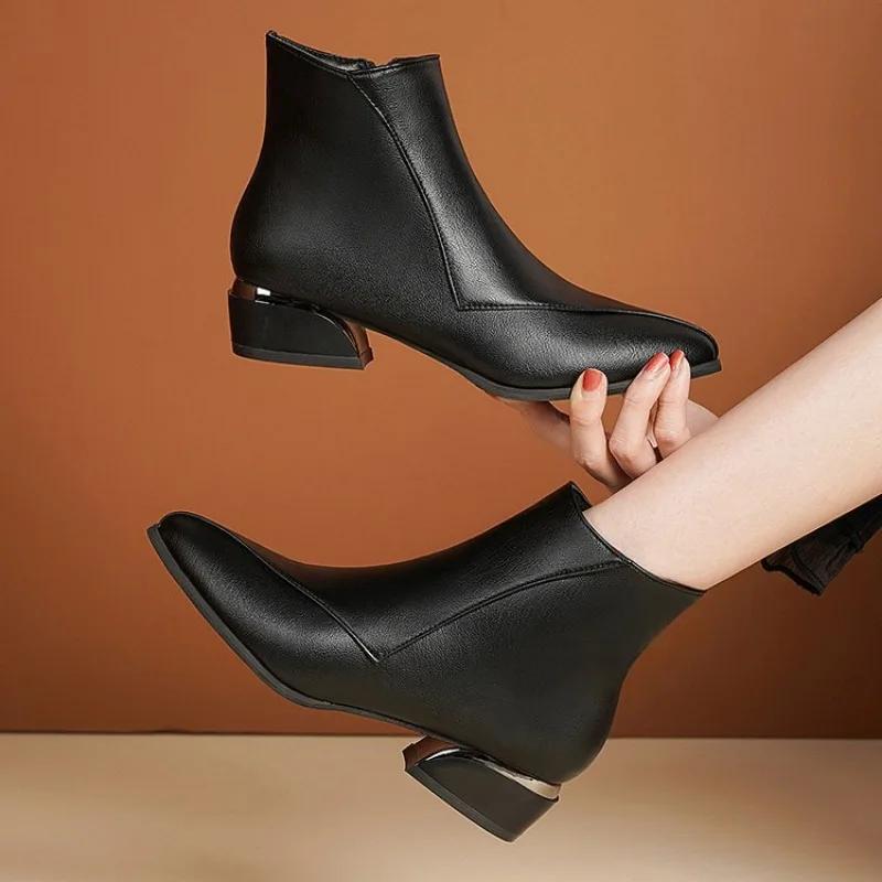 Womens Boots Temperament Pointed Toe Leather Boots High Quality Casual Ankle Boots Side Zipper Women's Short Booties Botas Mujer