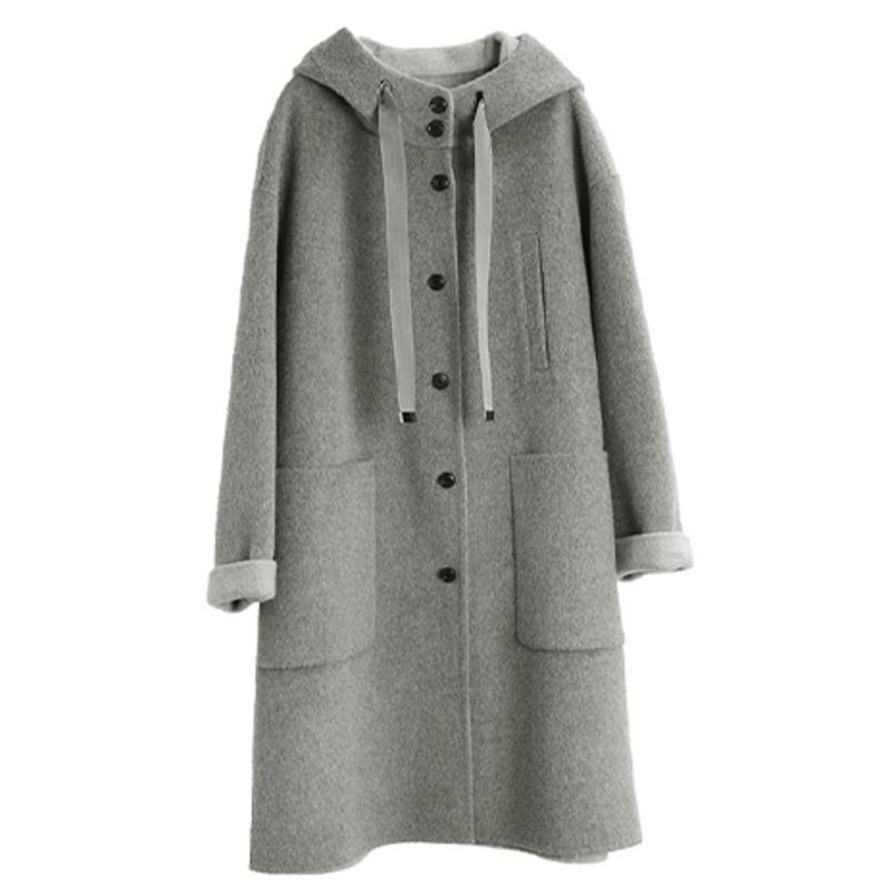 ELLE French Style Gray Sheepskin Mid-Length Single-Breasted Casual Loose Versatile Hooded Long Sleeve Double-Sided Wool Soft Coat Women Coats EN36356