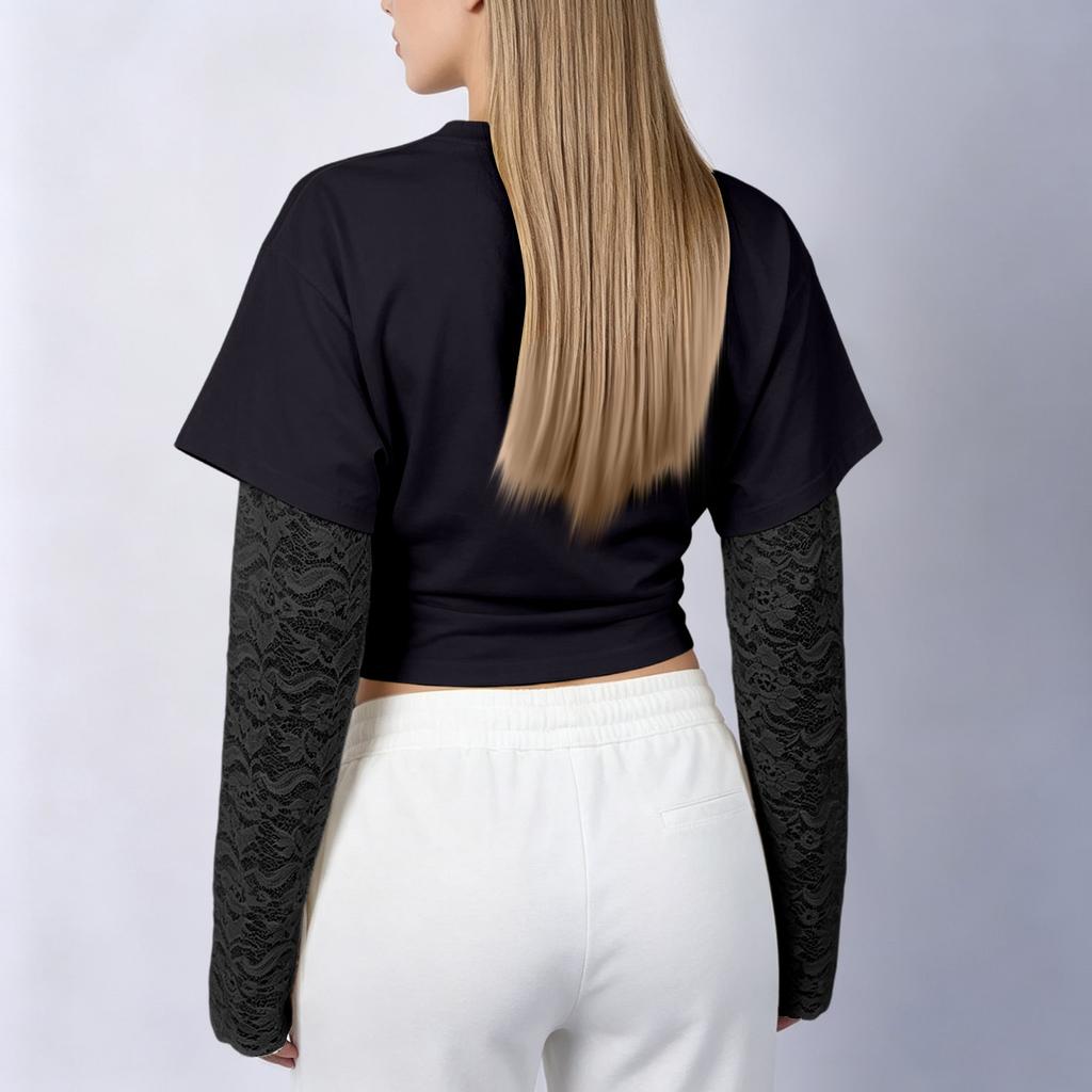 Women's Casual Round Neck Long Sleeve Lace Patchwork Pullover Top Color Blouse