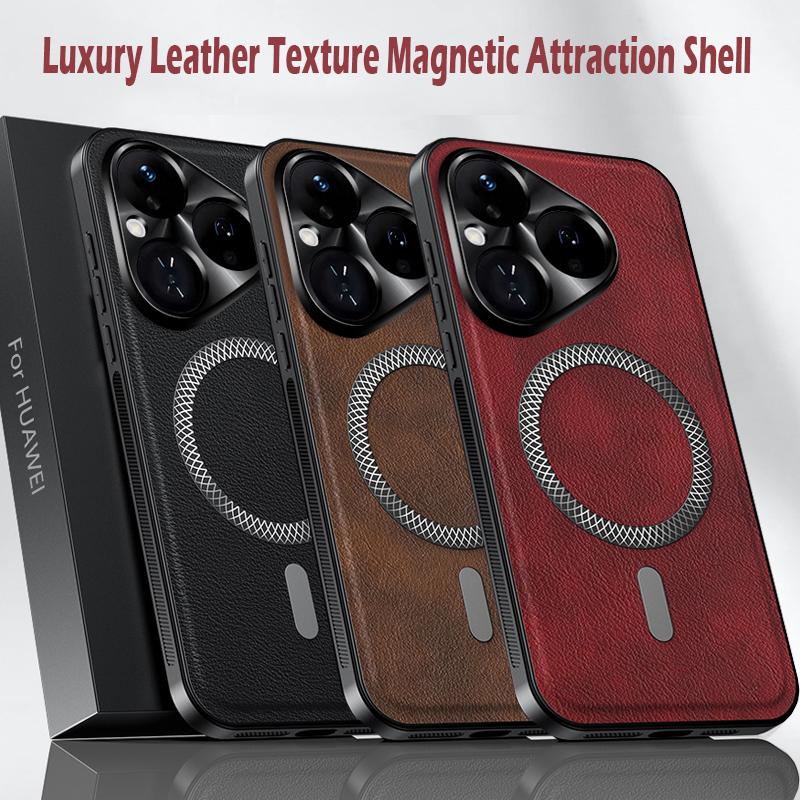 Luxury PU Leather Phone Case For Huawei Pura 80 70 Ultra Pro Pro+ Magsafe Magnetic Metal Ring Lens Protection Shockproof Cover