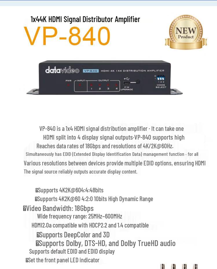 Distribuidor de Sinal 4K HDMI Datavideo VP-840: 1 Entrada, 4 Saídas