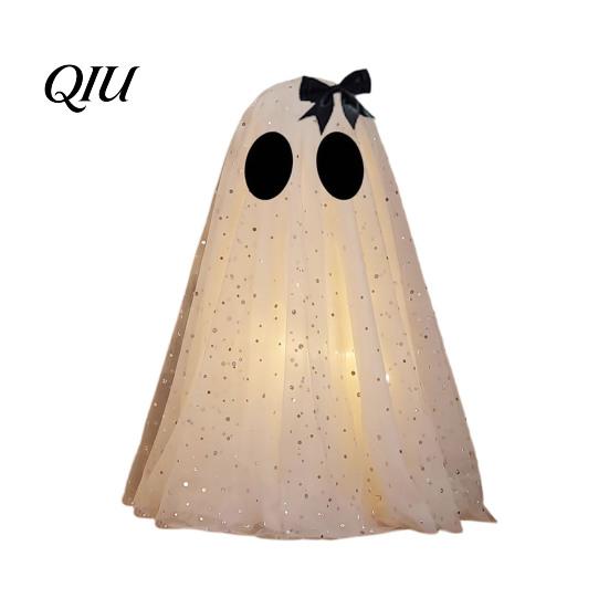 Minimalistický sváteční stolní doplněk Halloweenská dekorace duch, Strašidelná síťovina s flitry s čarodějnickým kloboukem/mašlí, Skládací stojící ozdoba Malý stolní