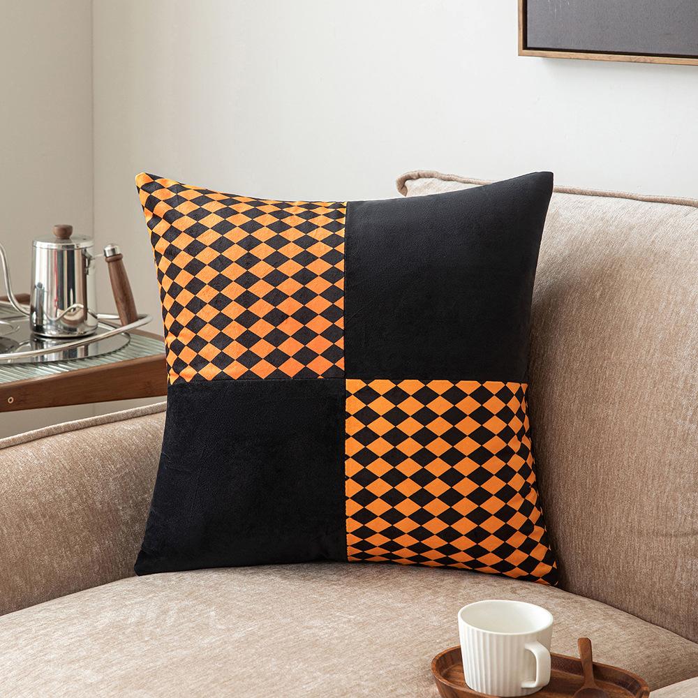 Houndstooth Splicing Pillow Case Sofa Decoration Cushion Cover Living Room Bedroom Waist Pillow Velvet Ball Pillow