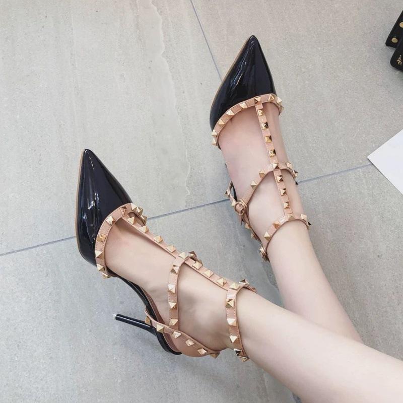Rivet high heels women's stiletto single shoes versatile 2025 summer sexy pointed t-shaped with empty willow sandals women