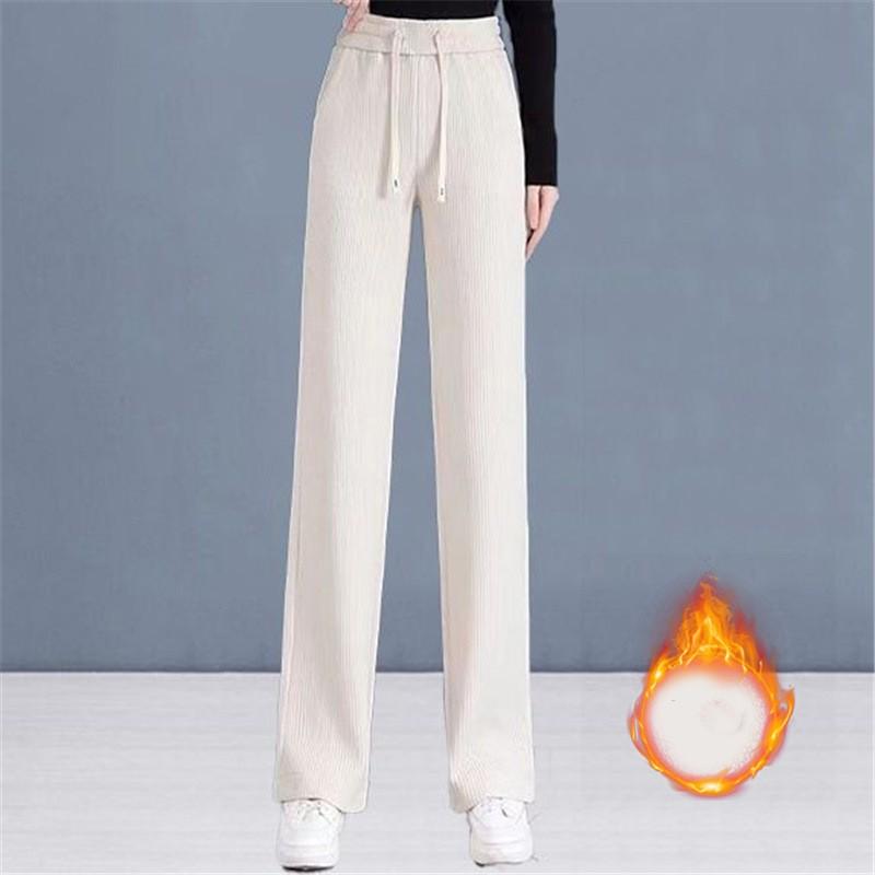 Women's Fall and Winter Padded Warm Wide-legged Pants Solid Color High Waist Loose Straight Pants