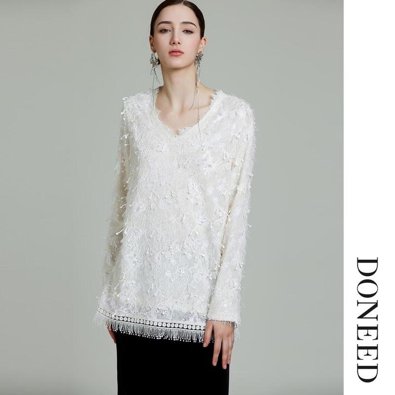 DONEED Elegant V-Neck Sequin Tassel Long-Sleeve Knit Sweater
