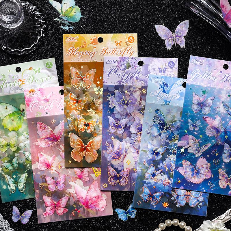 ZABC Set de Pegatinas de Sombra de Mariposa Parpadeante: Decoración de Collage para Diario con Estampado en Caliente, 6 Estilos de Inspiración Europea.