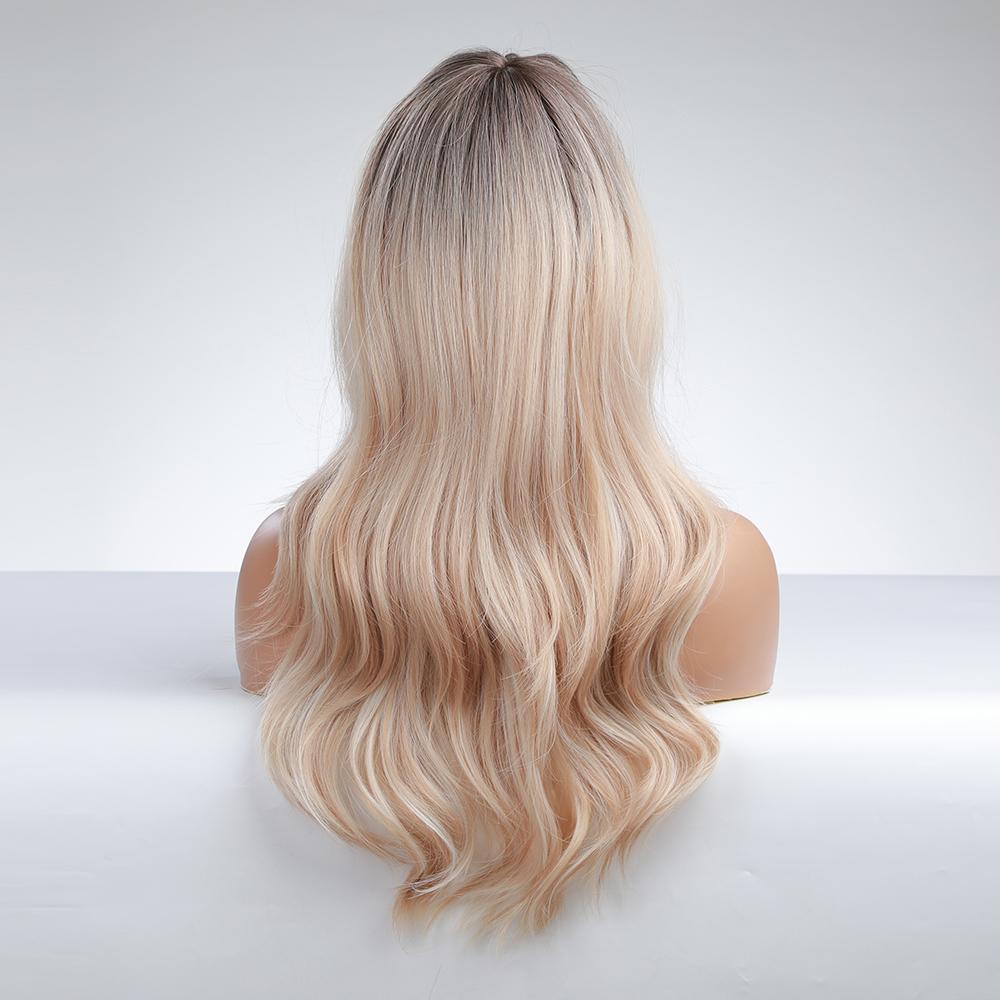 EASIHAIR Long Golden Blonde Ombre Wavy Synthetic Wigs for Women Cute Natural Hair Wigs with Bangs Heat Resistant Wigs Cosplay