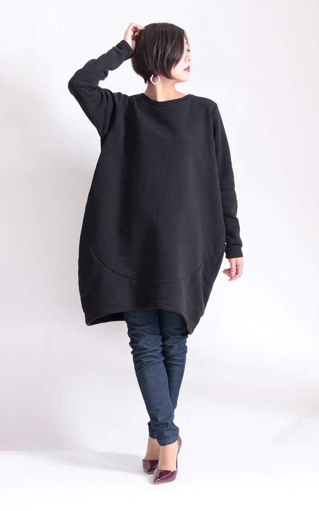 Gold Japan Übergröße Kokon Langgröße 3L Damen Tunika, Fleecegefüttert, Ärmel, suri-3212, Schwarz,