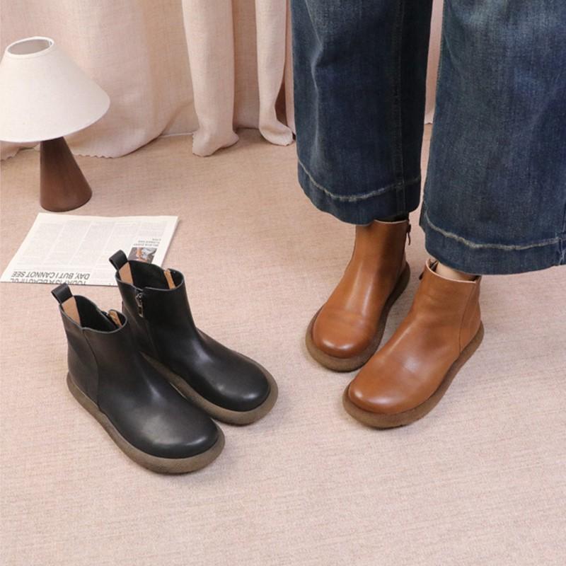 Johnature Genuine Leather Women's Short Boots Retro Side Zipper Round Toe Flat Chelsea Boots