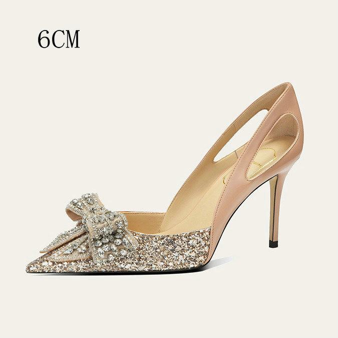 Fashion Sheepskin Single Shoes For Women 2025 All New Diamondedness Bow French High Heels For Women Stiletto Wedding Shoes