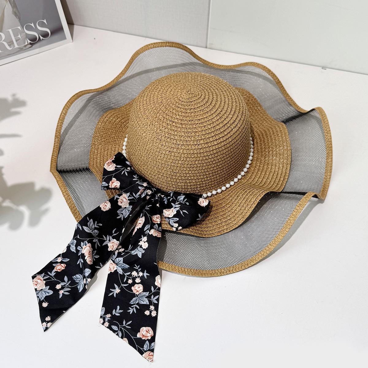 

Summer new straw hat floral streamer pearl decoration sun hat seaside outing big eaves sun protection hat рожевий
