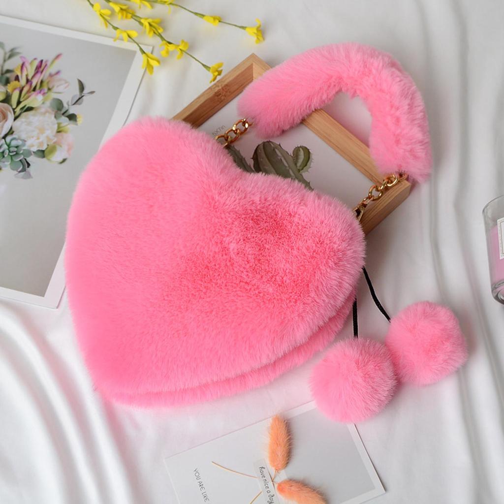 Women's Heart Shaped Faux Fur Wallet Purse Chain Shoulder Bag Winter Tote Purse Messenger Satchel