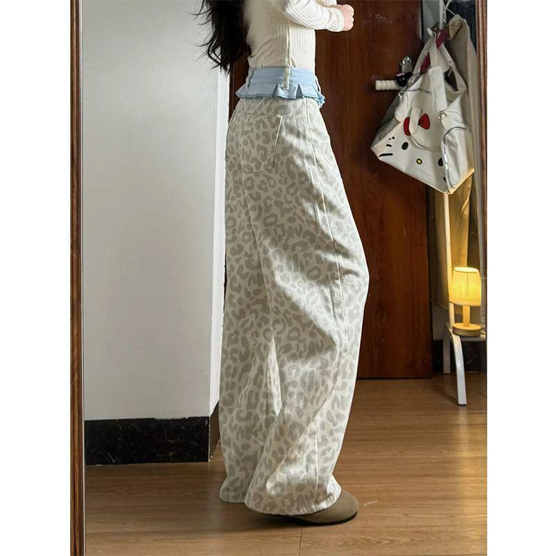 

Spicy Girl Leopard Print Color Block Patchwork Jeans: Versatile, Loose Fit, Floor-Length Design L