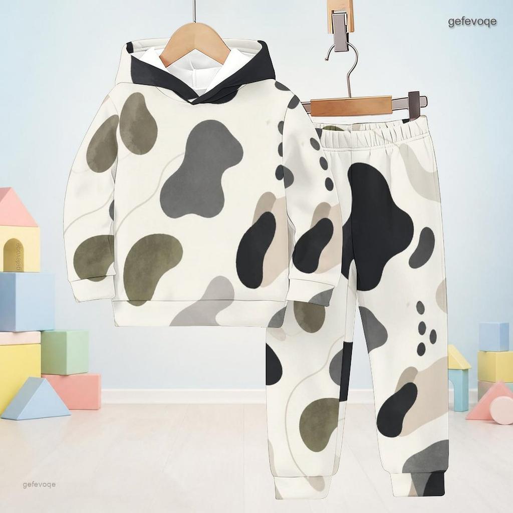 Boys Girls Abstract Printed Hooded Long Sleeve Sweatshirt And Cuffed Pants Two Piece Set