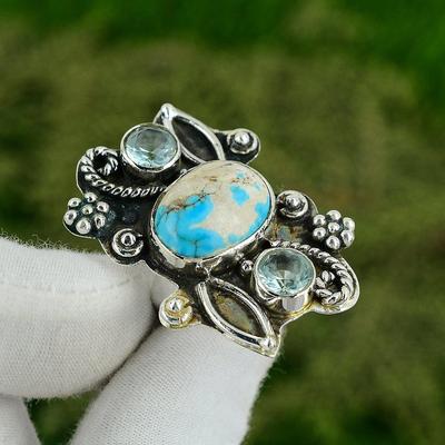 925 Silver Oval Santa Rosa Turquoise Stone Swiss Blue Topaz Handmade Ring Size 6